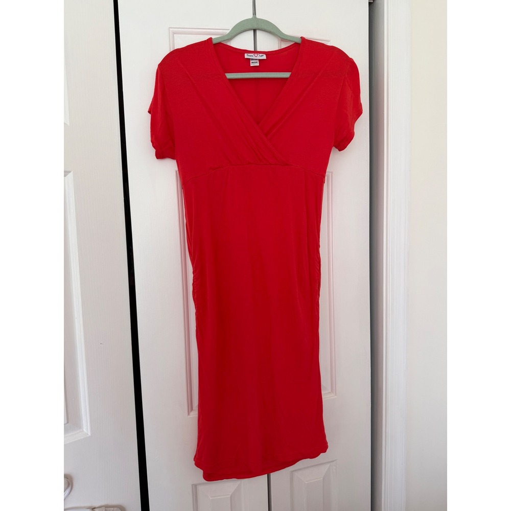 Times Two Maternity Dress Red Short Sleeve V-Neck Ruched Side Medium